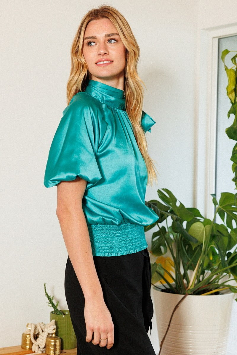 Waist Smocked Solid Satin Blouse